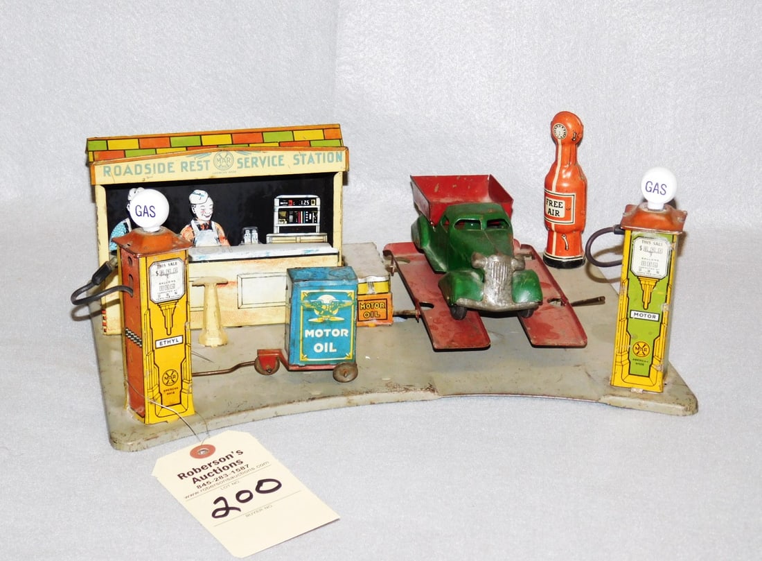 Vintage Tin Gas Station: Vintage Tin Gas Station- Marked "Roadside Rest Sevice Station" w/Gas Pumps, Oil Tank, Air & Restaurant in GD Cond. 13 1/2"W x 10"D x 5 1/4"H