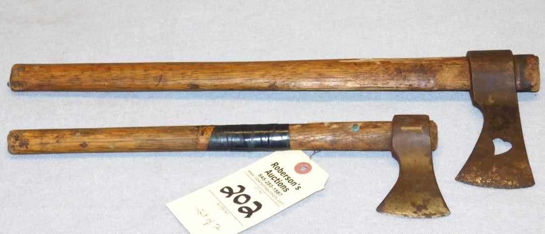 2 - Early Native American Tomahawks: 2 - Early Native American Tomahawks, 18" w/heart cutout, 14" w/repair, Heads in VG. Cond. 14" Head - 4 x 2-1/2, 18" Head - 6 x 2-1/4, 14" H & 18" H