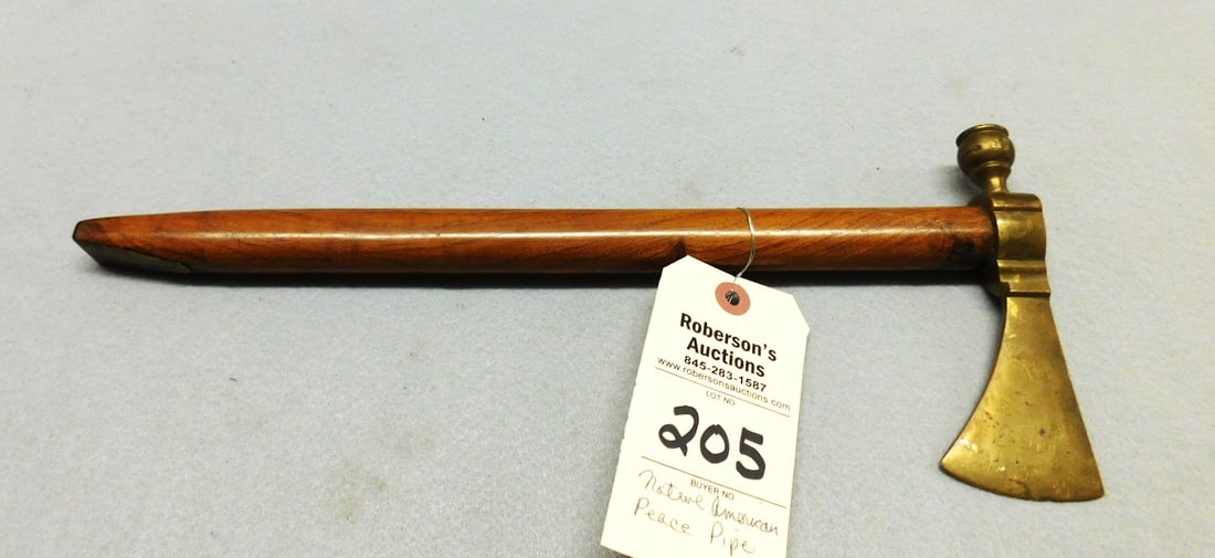 Native American Peace Pipe: Native American Peace Pipe w/Brass Head & Brass Mouth Pc., Wooden Cherry Handle in VG. Cond. 14-3/4"H, Head 2-1/4" x 6"