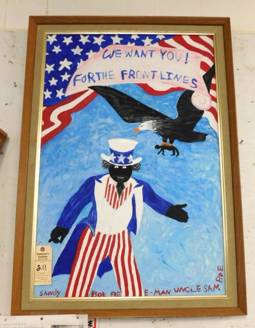 40" x 20" O/C Outsider Art: 40" x 20" O/C Outsider Art by Sandy Boe Freeman titled "Uncle Same BOE" in Gd. Cond.