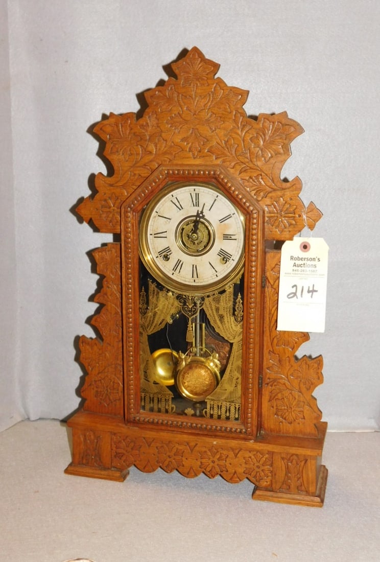 Oak Gingerbread Clock: Oak Gingerbread Clock w/ Fancy Gold Pt. Design on Glass, Has alarm clock & chimes, 1st Hand Arrow Pc. Broken but have Pc. 24" H x 14-1/2 x 4-1/4D