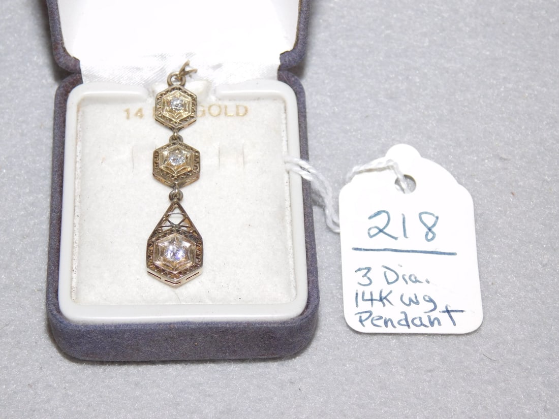 3-Diamond 14K wg Pendant: 3-Diamond 14K wg Pendant - Diamonds range 3/16 ct, 1/4 ct & 3/8 ct in fliligree setting