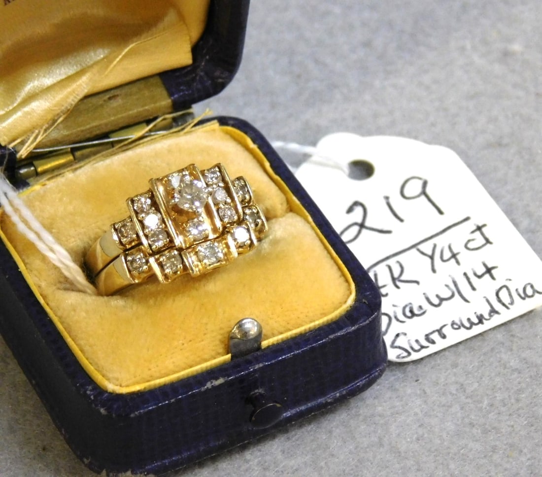Lady's Diamond Wedding Set: Lady's Diamond Wedding Set - 1/4 ct. Ctr. Stone w/ 14 surrounding Diamonds, Lady's yg Wedding Band Set in VG. Cond. Sz. 7-3/4