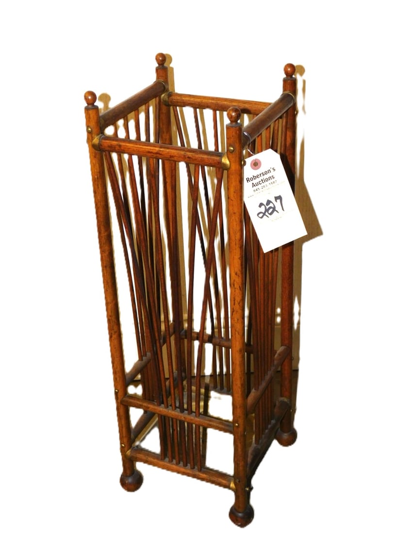 Stick & Ball Umbrella Stand: Stick & Ball Umbrella Stand w/ Brass Drip Tray in VG Cond. 26"H x 8 1/2"Sq.