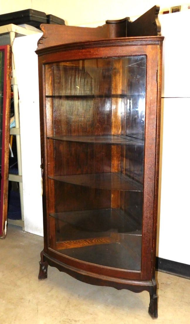 Oak Corner China Closet: Oak Corner China Closet w/4 Shelves, Bonnet Top Scalloped Base (Plexiglass) in VG Cond.66"H x 32"W x 19"D