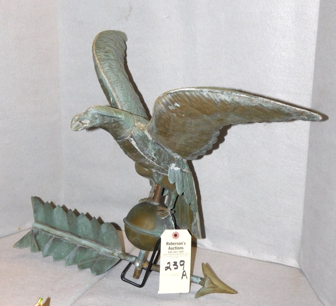 Copper Eagle Weathervane Top: Copper Eagle Weathervane Top w/Arrow Directional in VG. Cond. - 19-1/4 H x 22-1/4 x 19-1/2" w/ Wing Spread