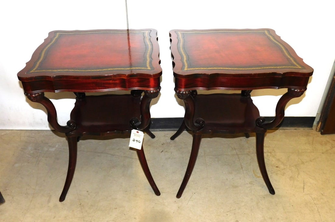 Pr. Mahogany Regency Stands: Pr. Mahogany Regency Stands w/ Leather Inset Tops in VG Cond. 28 1/2" H x 22"Sq.