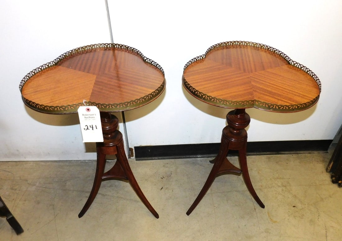 Pr.Mahogany Pedestal Stands: Pr.Mahogany Pedestal Stands w/Reiculated Brass Gallery & Clever Shape Top in GD Cond. 28"H x 18"W x 17"D