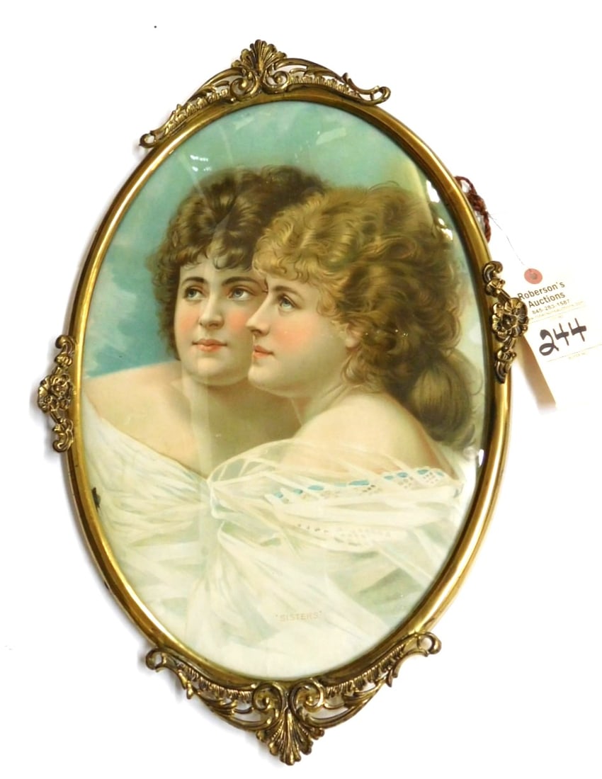 Oval Print Titled "Sisters": Oval Print Titled "Sisters" in Gold Metal Frame in Gd. Cond. (Sm. tear on left) 23-1/2 H x 15-1/2"