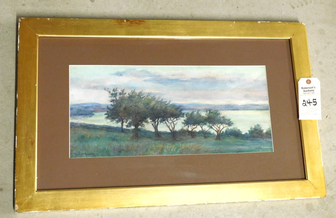 W/C Landscape by Carroll Butler Brown: 10" x 21-1/2" W/C Landscape by Carroll Butler Brown - Water, Trees & Mts. In Wide Gold Wooden Frame in VG. Cond.