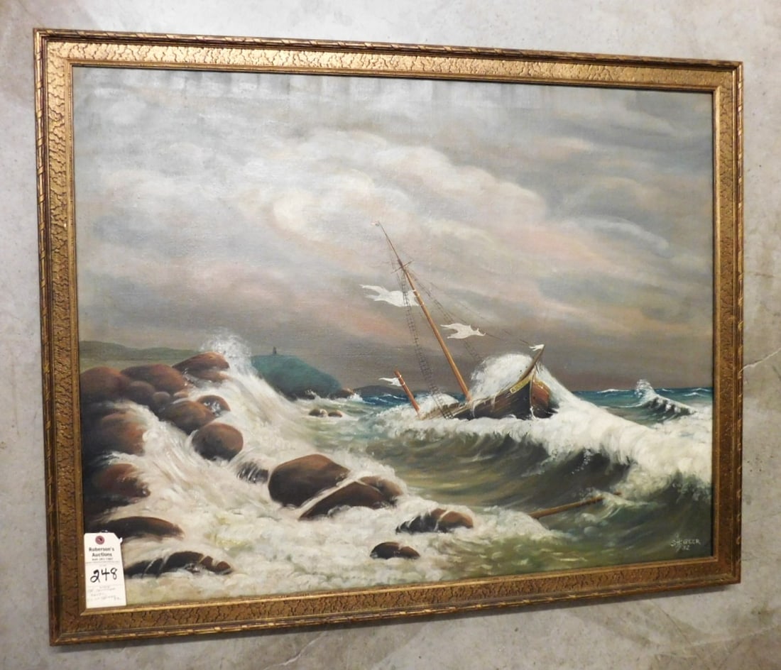 Large O/C Signed Seascape: Large 42" x 32" O/C Seascape Signed I.I. "S. H. Geer '32" in VG. Cond. 42" x 32"