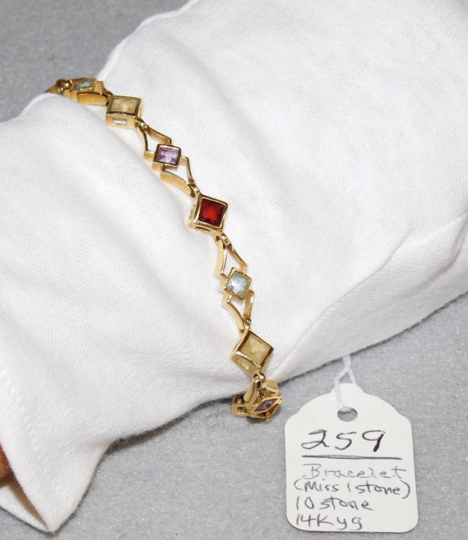 14K yg Bracelet w/10 Gemstones: 14K yg Bracelet w/10 Gemstones (Missing 1 stone at end), otherwisw VG. Cond.