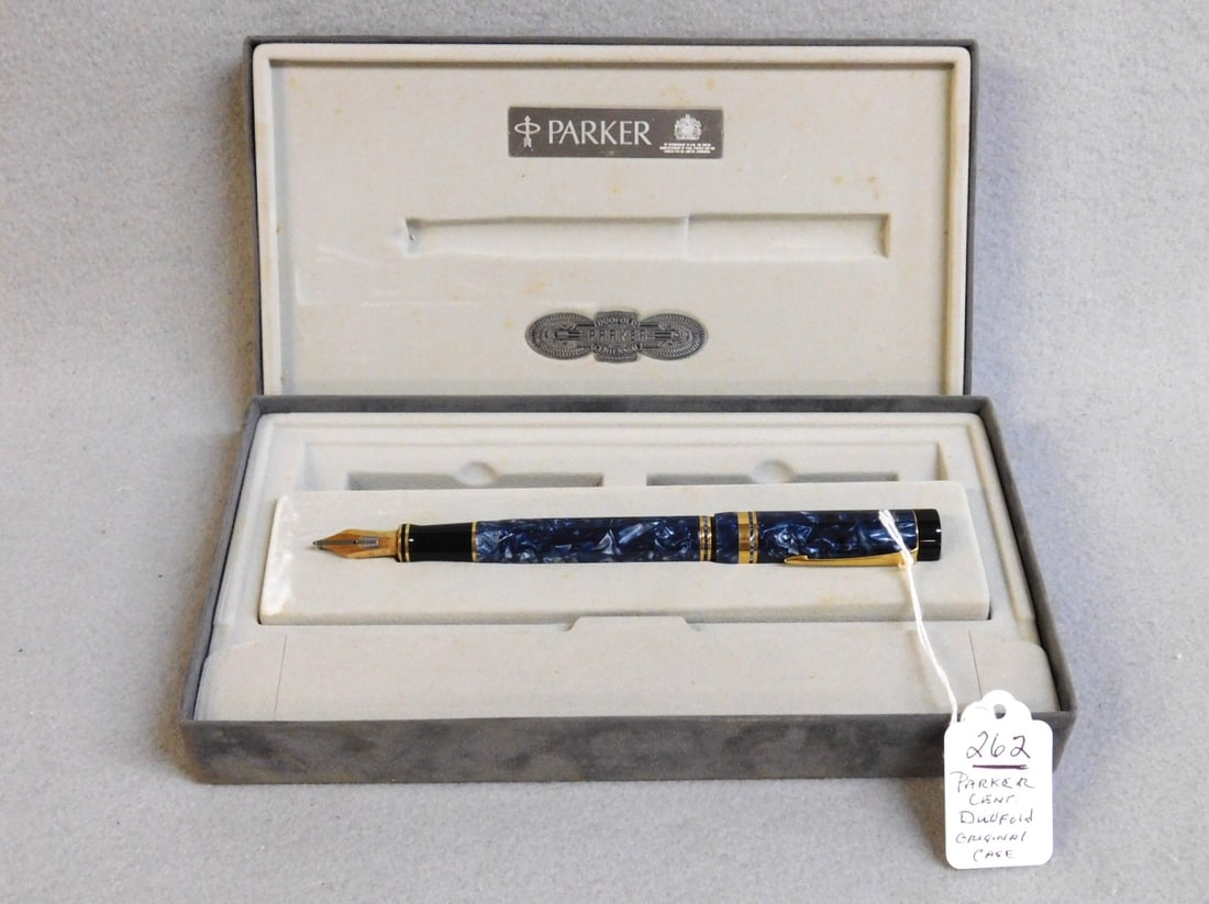5 1/2" Parker Cent Fountain Pen: 5 1/2" Parker Centennial Duofold Fountain Pen in Blue Marble in Orig. Case in VG Cond. - Case 5x9" - Pen Only - 5 1/2"L.