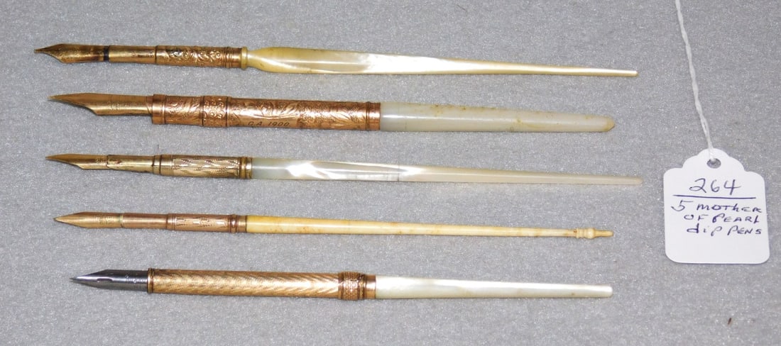 5 - Mother of Pearl/Goldplated Dip Pens: 5 - Mother of Pearl/Goldplated Dip Pens in VG Cond. Range in Sz. from 6 - 7 1/2" L.