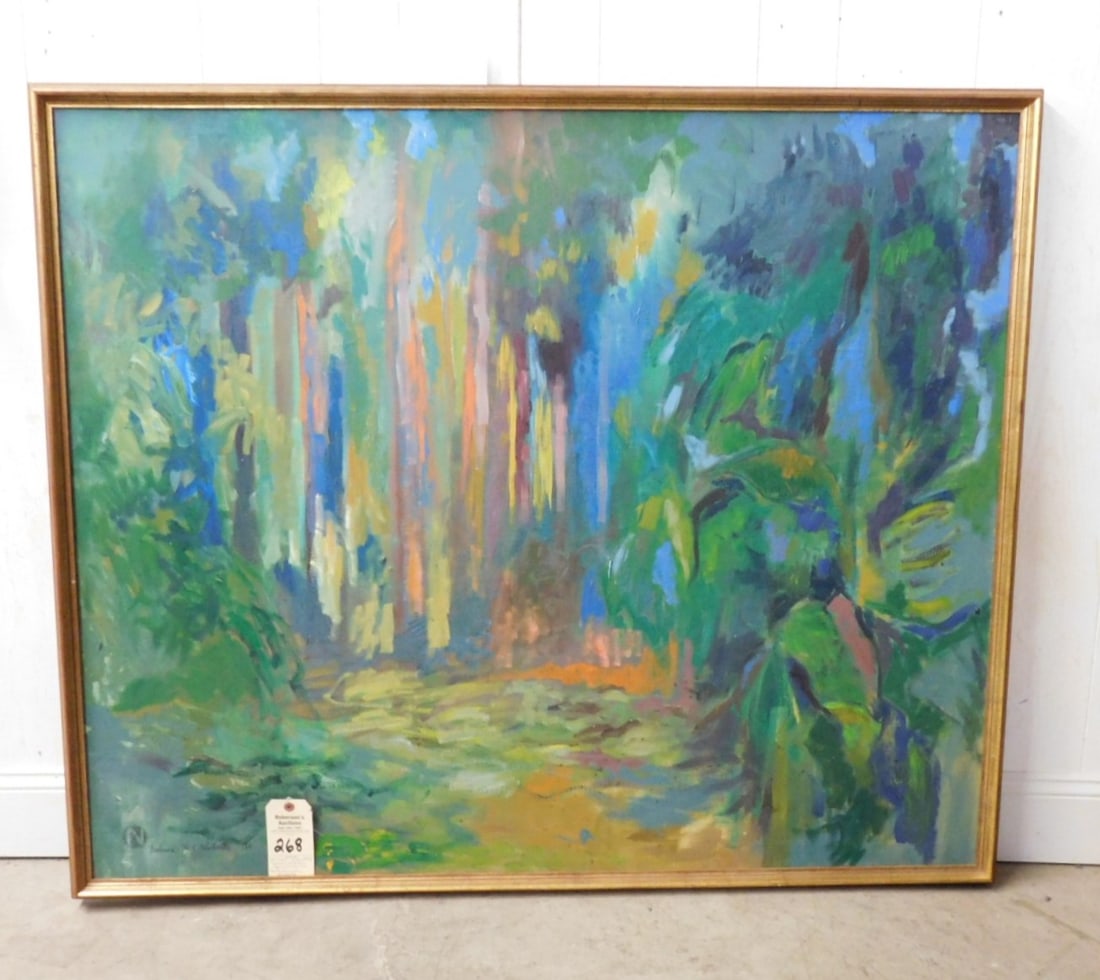 41 1/2x49 1/2" O/C by B.& N. NIcholds: 41 1/2x49 1/2" O/C by Barbara.& Nick Nicholds titled " Myth of the Redwoods" 1966 - Mill Valley, CA in VG Cond.