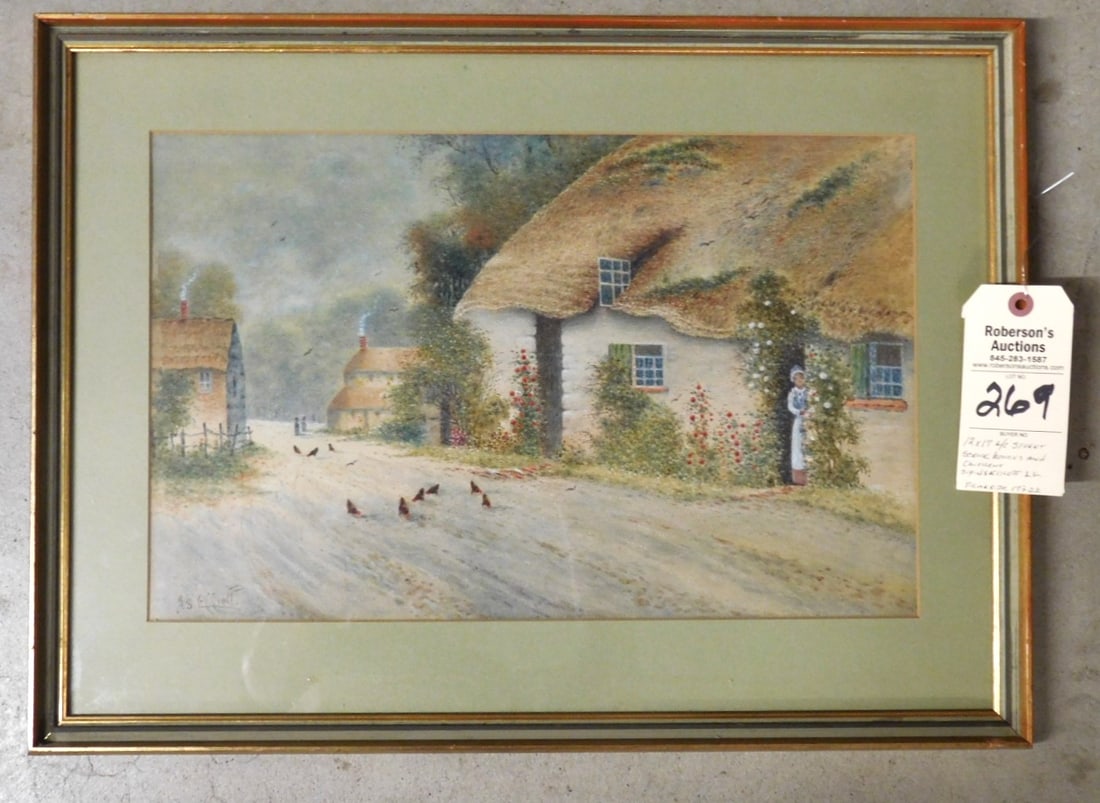 12x17 W/C by J.S. Elliot: 12x17 W/C English Thatched Cottage Street Scene w/ Woman & Chickens, signed J.S. Elliot I.I. w/ Frame 17 x 22" VG Cond.