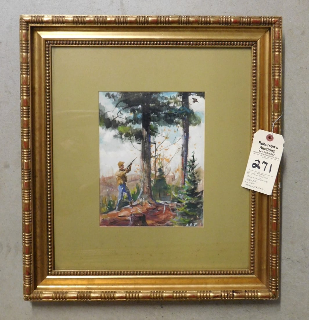 10-1/2" x 8-1/2" W/C by Arthur Fuller: 10-1/2" x 8-1/2" W/C by Arthur Fuller - Hunt SceneShooting Grouse signed w/initials l.r. in Gd. Cond. W/frame 22 x 20"