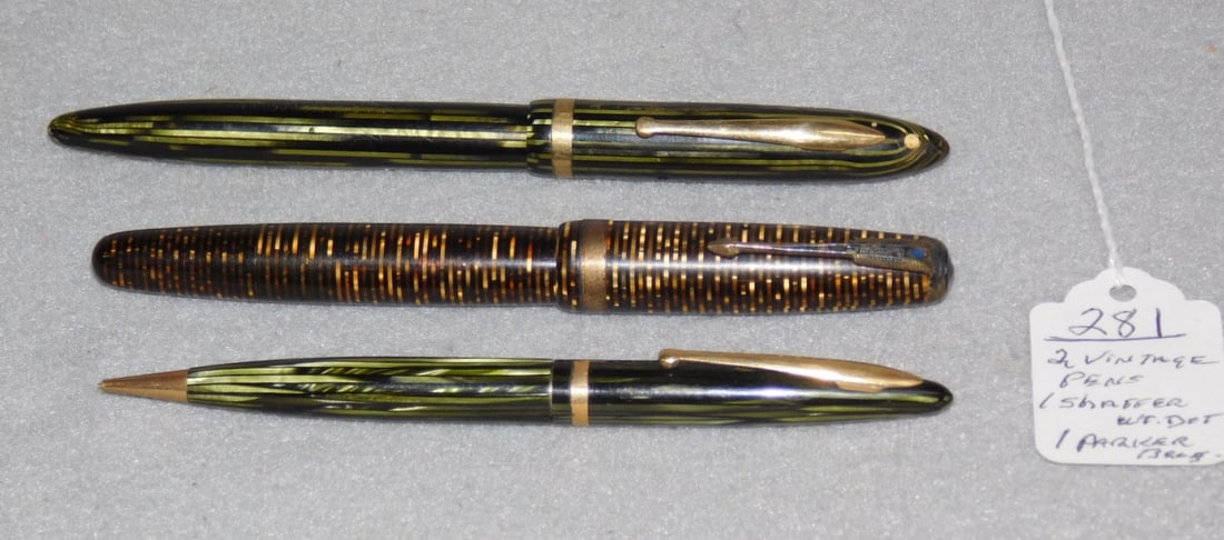 3 Vintage Pens/Lead Pencil: 3 Vintage Pens/Lead Pencil incl. 1 - Sheaffer w/Wht. Dot; 1 - Parker Bros.; Lead Pencil in VG Cond. - Lg. Green 5-3/8", Brown 5", Green Pencil 4-3/4"