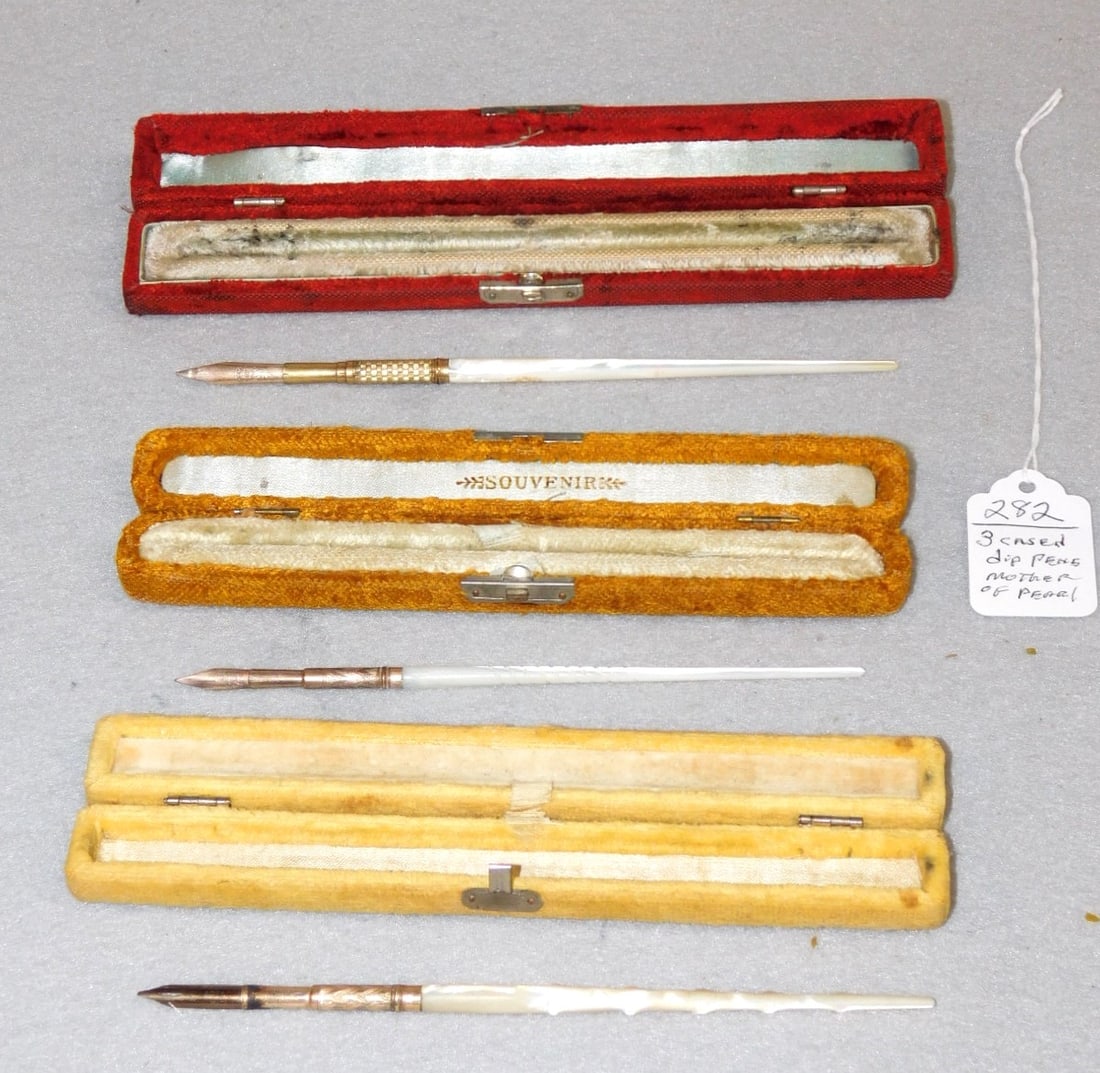 3 - Cased Mother of Pearl Dip Pens: 3 - Cased Mother of Pearl Dip Pens in VG Cond. - Range 6 - 6-7/8"