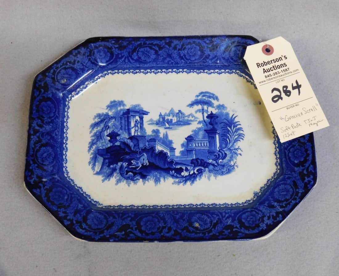 Soft Paste Platter by T.J.& J. Mayer: 9-1/2" x 12-1/2" Soft Paste Platter by T.J.& J. Mayer - "Grecian Scroll" Pattern in VG Cond.