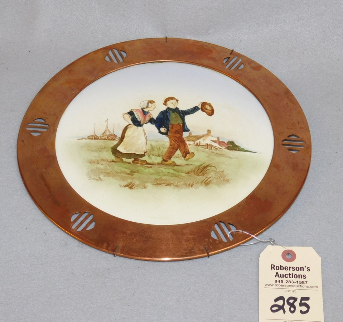 China Plate w/ Copper Surround Frame: China Plate w/ Copper Surround Frame - "Dutch Boy & Girl" in Gd. Cond. - 12 3/4"D.