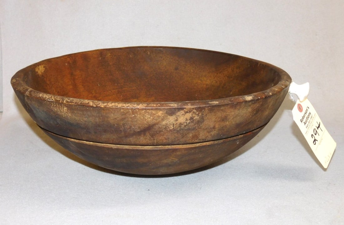 19"D. Early Wooden Bowl: 19"D. Early Wooden Bowl w/ Band Indention in Gd. Cond. (Has Porcelain Knob Screwed in ) 19"D.x6 3/4"H.