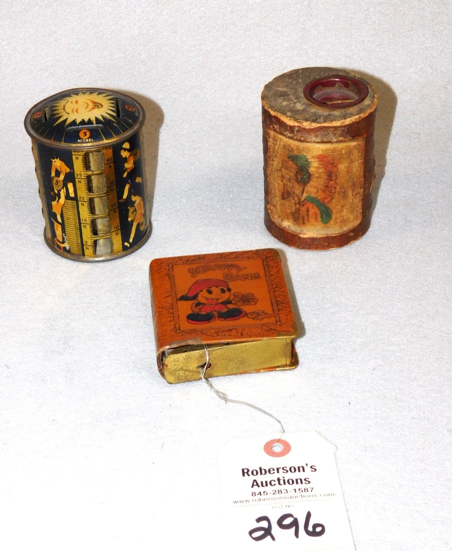 3 - Vintage Banks: 3 Vintage Banks incl. an Indian on Wood Block, "Scrappy" Bank, & Kids on Ladders Saving in Gd. Cond.