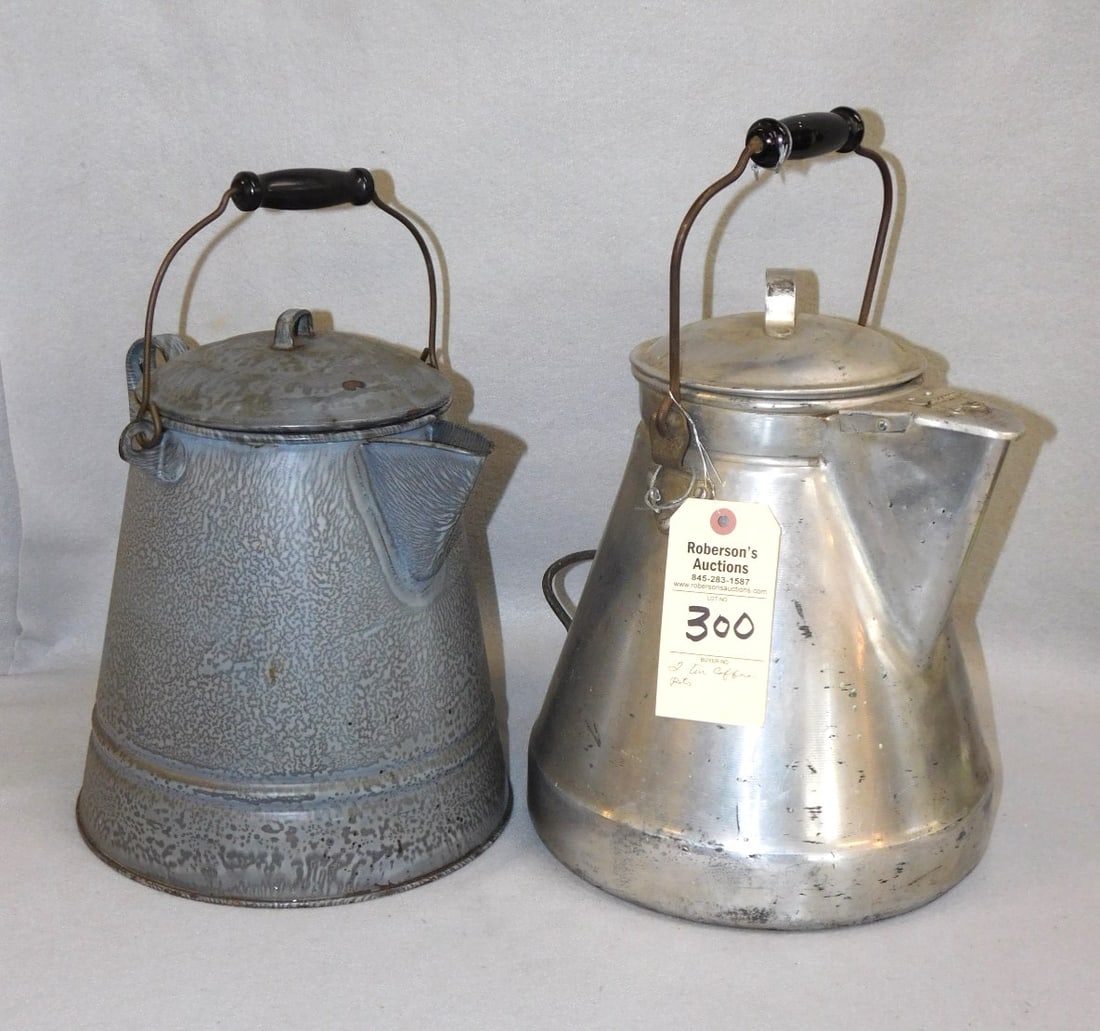 2 - Chuck Wagon Type Coffee Pots: 2 - Chuck Wagon Type Coffee Pots - 1 - in Agate, 1- in Metal Both in Gd. Cond. - 12 1/2"H. & 13 1/2"H.