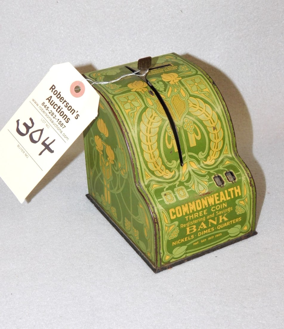 Vintage "Commonweath" 3 Coin Bank: Vintage "Commonweath" 3 Coin Bank C.1905 Patent Manuf. by Chas. M. Shonk Co., Chicago in Nice Working Cond. - 4x5x5 1/2"