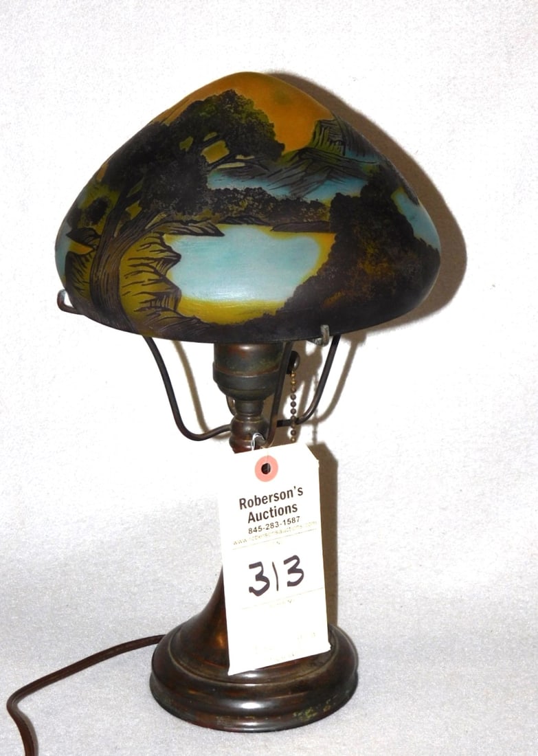 10" H. Boudoir Lamp w/Painted Shade: 10" H. Boudoir Lamp w/Painted Shade - Stamped on Base "Handel" in VG Cond.