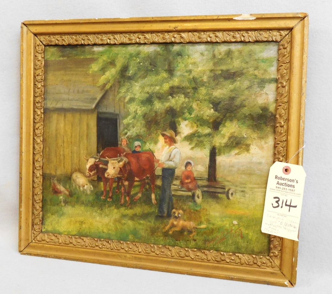 1927 O/C Huntington "Barnyard Scene": 14 1/4" x 17 1/4" O/C Signed "E". (Estelle) Huntington Higgins 1927 of Barnyard Scene in Wooden Gold Gilt Frame. In GD Cond. w/ Frame 17"H x 20"W x 1"D
