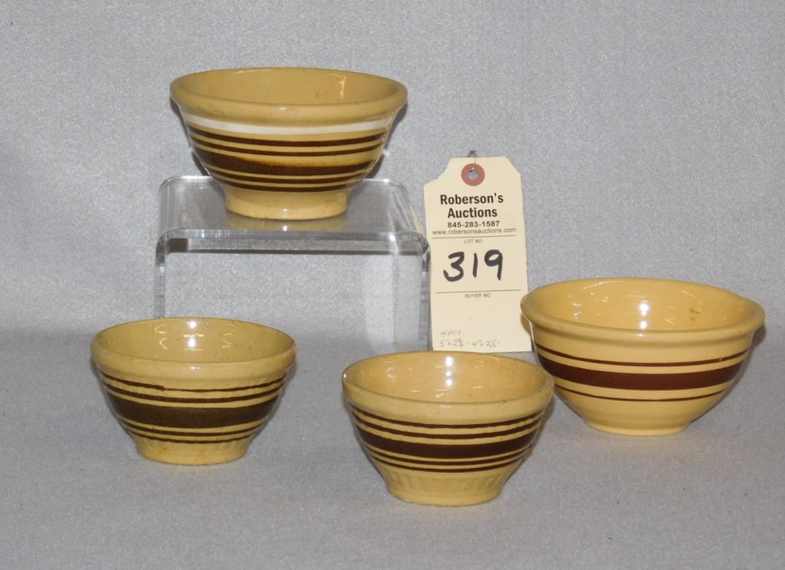 Early Banded Miniature Yelloware Bowls: 5-Early Banded Miniature Yelloware Bowls in VG Cond. 4" to 5 1/4"D/ 2 1/2" to 2 3/4"H