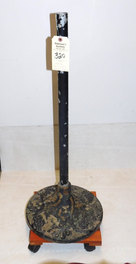 "Embee"Cast Iron Umbrella Holder: Vintage "Embee"Cast Iron Umbrella Holder w/ Repousse Grapes/Leaves Base in GD Cond. (Some Color) 35"H x 14"D Base