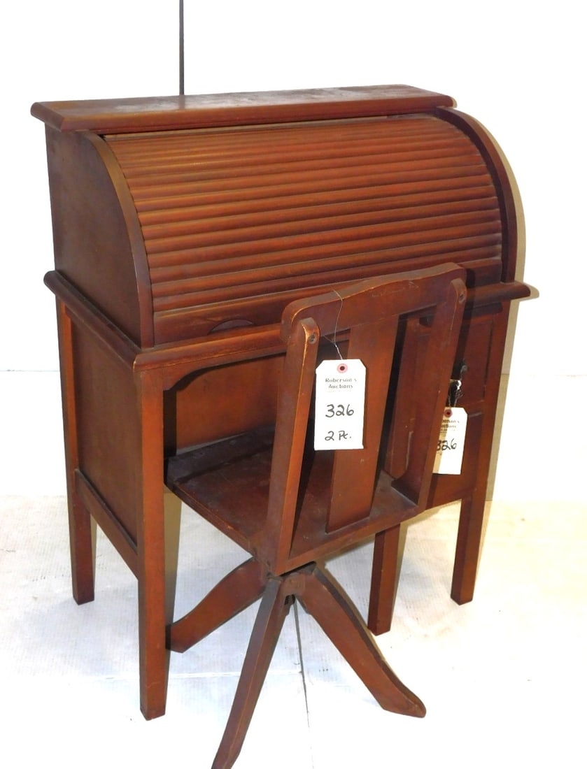 Oak Child's Rolltop Desk: Oak Child's Rolltop Desk w/Chair in VG Cond. - Desk 35 1/2"H x 27"W x 15"D; Chair 30"H x 12"W x 12"D