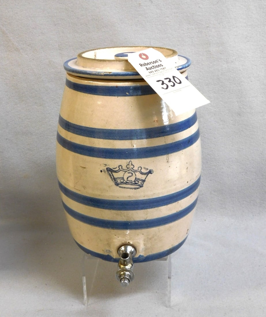 2 Gal. Robinson Ramsbottom Dispenser: 2 Gal. Robinson Ramsbottom w/ Blue Bands Beverage Dispenser (Crown w/#2 on Front) - 13"H x 10"W.
