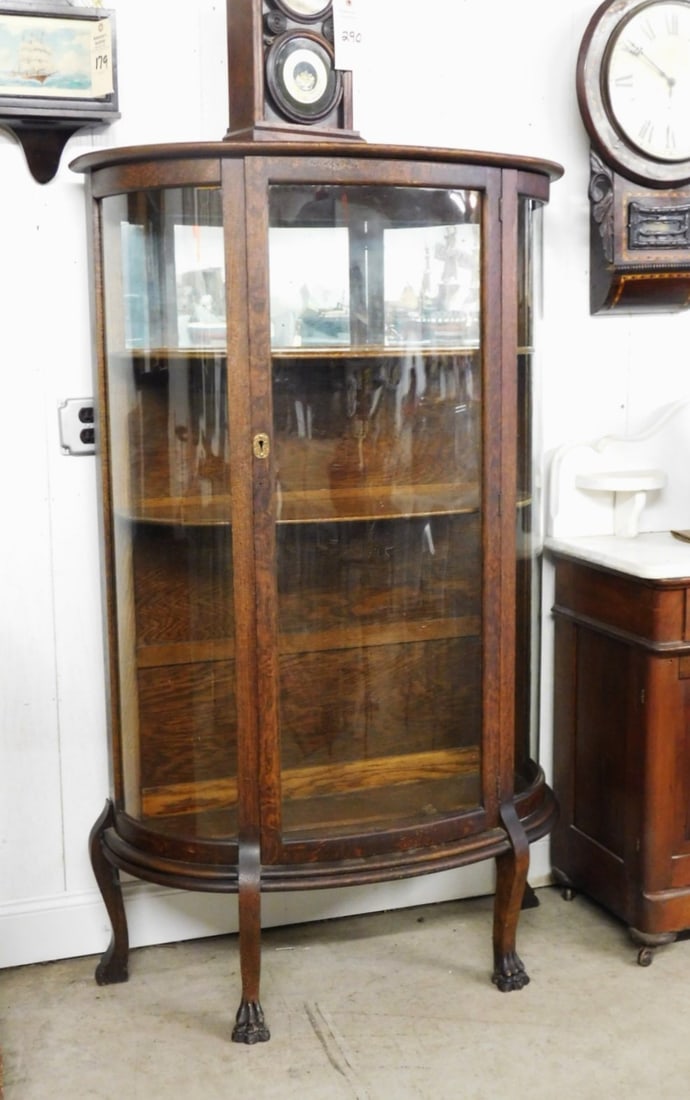 Carved Glass China Closet: Oak Carved Glass China Closet w/ 2 Shelves w/ Claw Ft. in GD Cond. 5'H x 36"W x 17"D