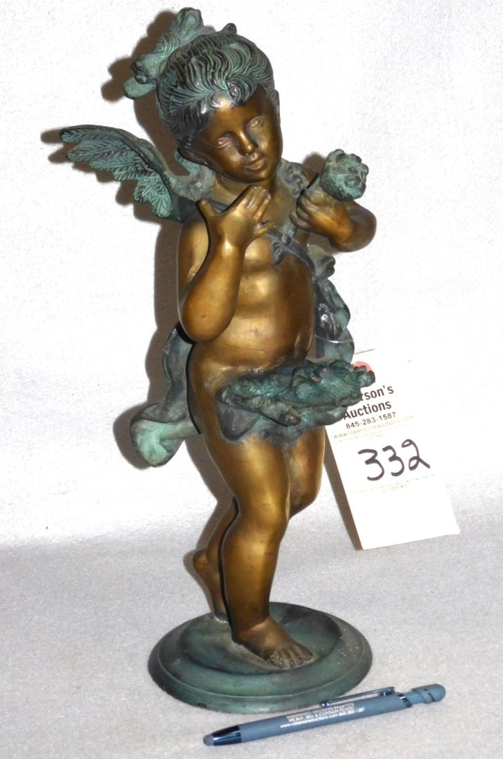 16"H Bronze Angel: 16"H Bronze Angel w/ Floral Vine Wrapping Her & Holding Bouquet of Flowers - 16"H x Base 5 1/4"D in VG Cond.
