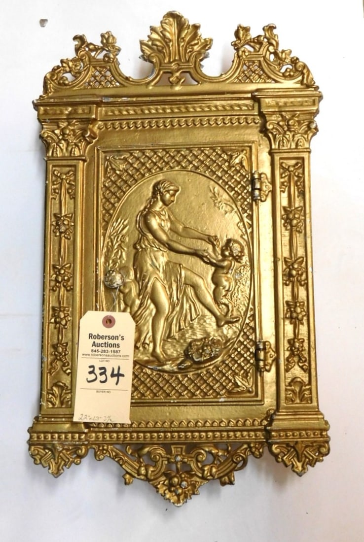 Gold Gilt Iron Cabinet: Gold Gilt Iron Cabinet w/ Repousse Mother & Child Dancing in GD Cond. - 23"H x 13"W x 3"D