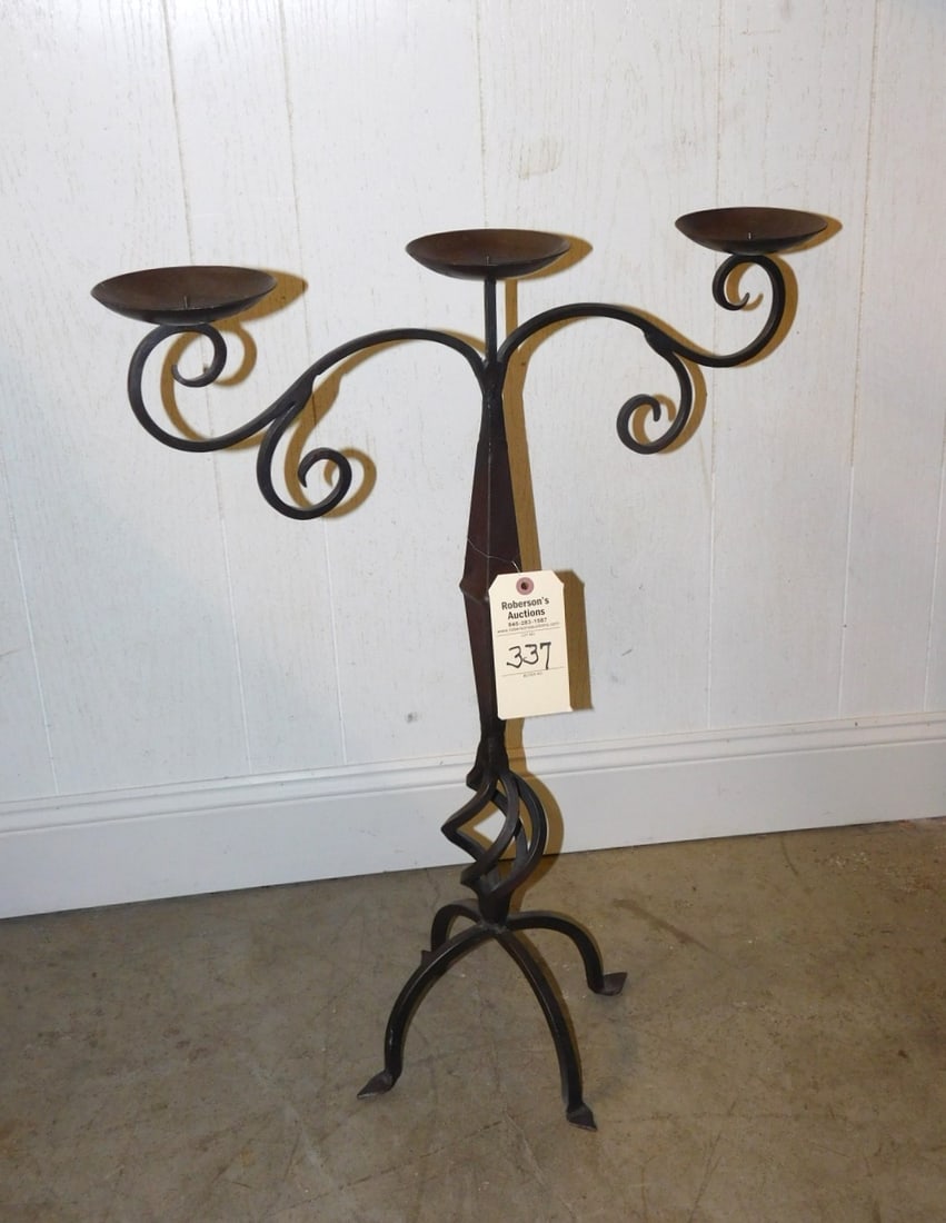 Vintage Iron Candleholder: Vintage Iron Penny Ft.Spiral Tri -Candleholder in GDCond.- Holds Lg. Base Candles, Arts & Crafts Look - 30"H x 24"W x 12"D