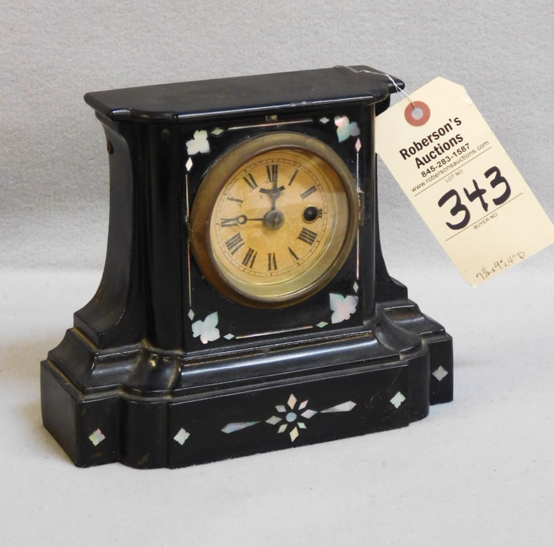Waterbury Clock Co. Cast Iron Clock: Waterbury Clock Co. - Sm. Cast Iron Mantle Clock w/ MOP Decoration & Balance Wheel - NYC C. 1920 - 7 1/2"H x 9 1/2"W x 4"D