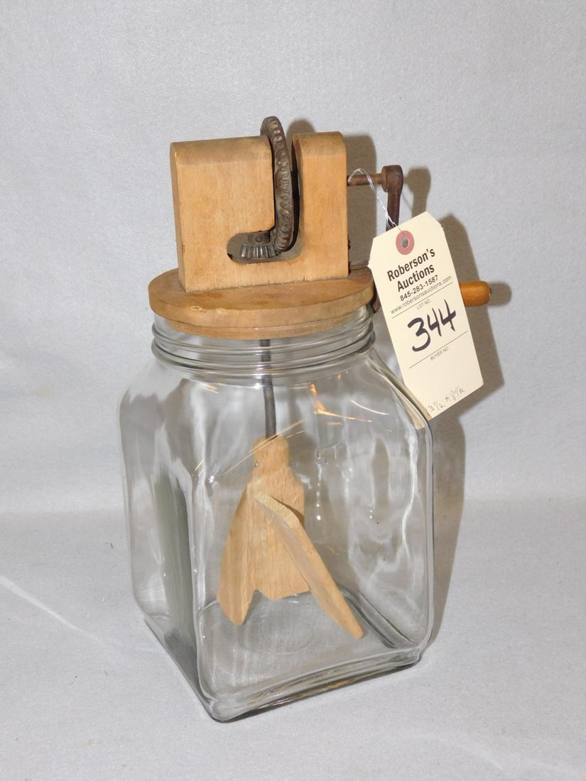 Vintage Glass Butter Churn: Vintage Glass Butter Churn w/ Wooden Paddle - Working in VG Cond. - 13 1/2" x 6"Sq.