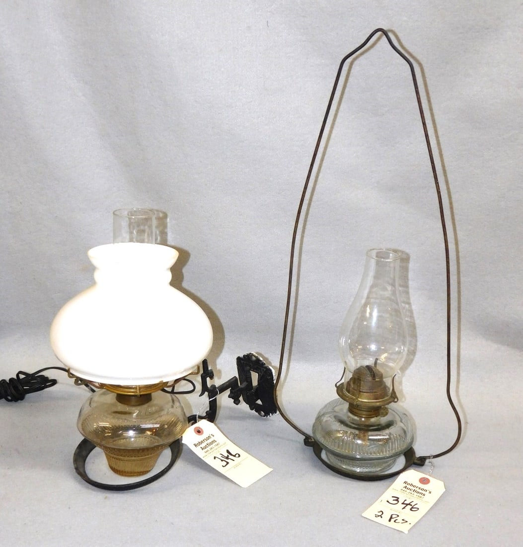 Lot of 2 Early Lighting Kero Lamps: Lot of 2 Early Lighting Kero Lamps incl. a Kero Wall Bracket w/ Lamp Shade & Chimney; A Kero Lamp w/Hanging Bracket, Both in VG Cond. - 1 - 12x14"'; 1 - 22 1/2 x 10" w/Bracket