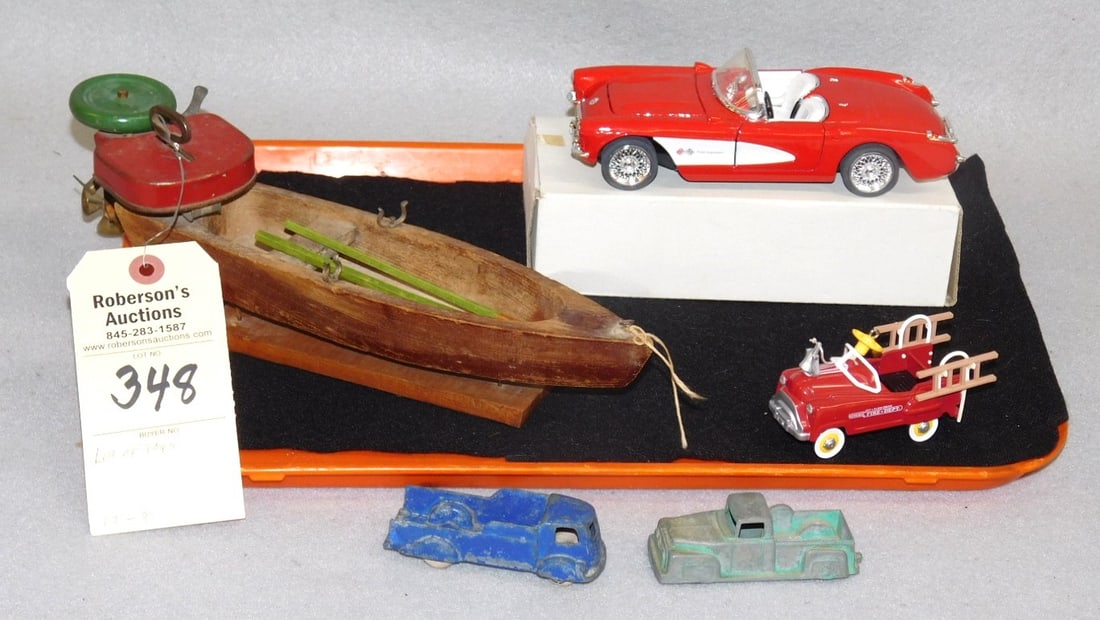 Lot of Toys incl. a Windup Rowboat Toy: Lot of Toys incl. a Windup 13"L.Rowboat Model w/Oars; 8 " Corvette" Toy; Tiny Fire Truck3 1/2" Toy; 2 Early Midge Toy Trucks - 3' Ea. in Gd. Cond. - Boat Works - 5 Pcs.
