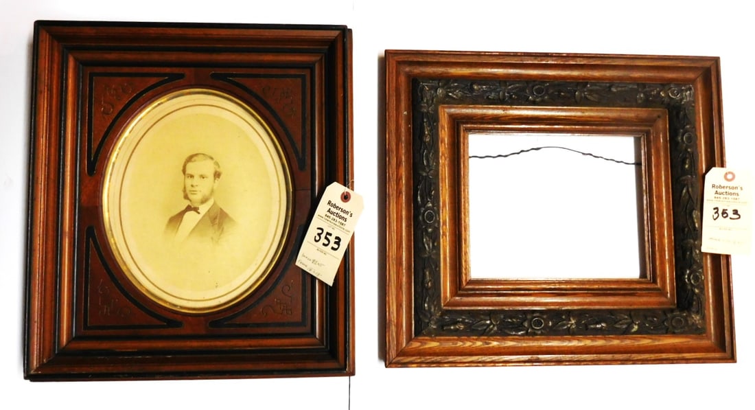 Lot of 2 Early Fancy Frames: Lot of 2 Early Fancy Frames incl. a 19x17" Deep Walnut Frame w/Photograph of Gentleman; Other Frame w/ 18 1/2x16 1/2" Carved Floral & Leaf Relief Border in Gd. Cond.