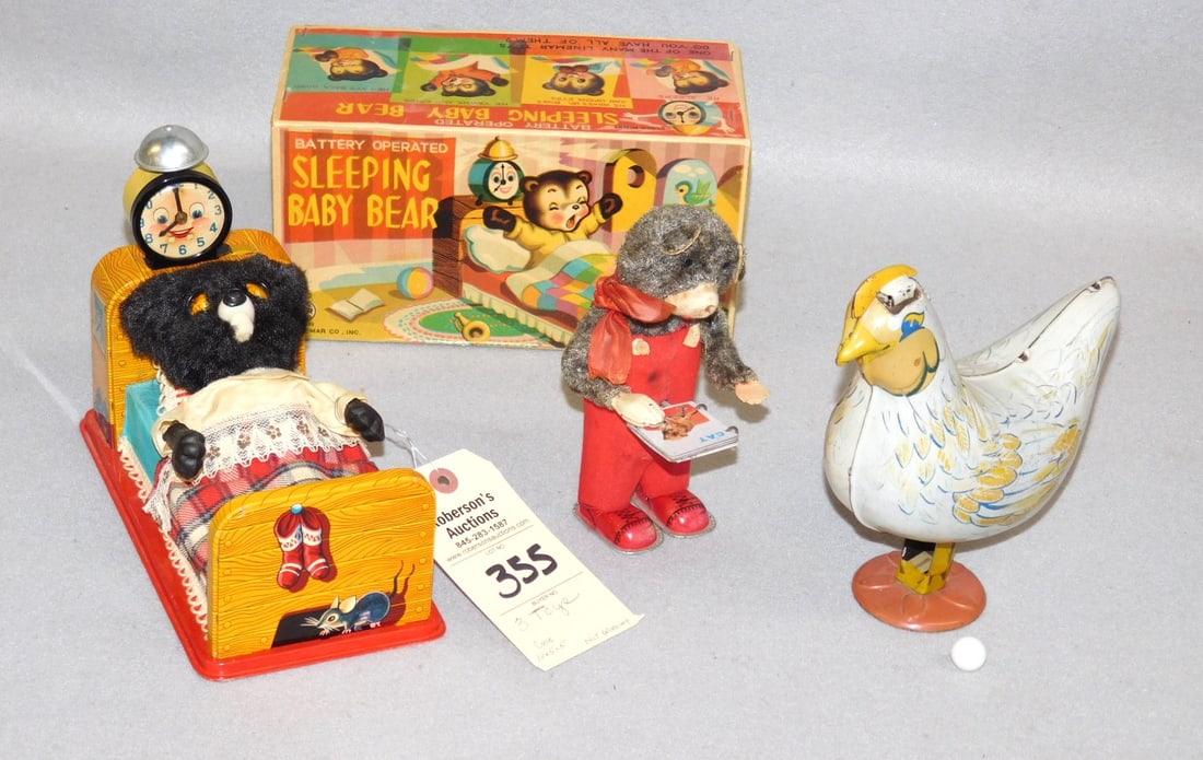Lot of 3 Vintage Toys: Lot of 3 Vintage Toys incl. Working Tin Hen Laying Eggs; Working Bear Turning Pages (Head Wobbly); Non-Working Sleeping Baby Bear - Box 10x5x5"; Hen 8"H.; Bear 6 1/2"H.