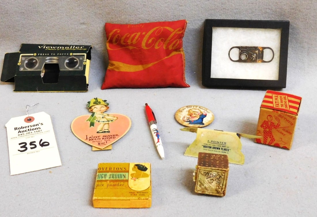 Tray Lot of Vintage Advertising Pcs.: Tray Lot of Vintage Advertising Pcs. incl. Maid of America Pins; Overton's Face Powder; Boston Brown Flakes; Fatima Dancer; Valentine; Hires Root Bear Mirror; Superman Pen; Indian Motorcycle Cigar