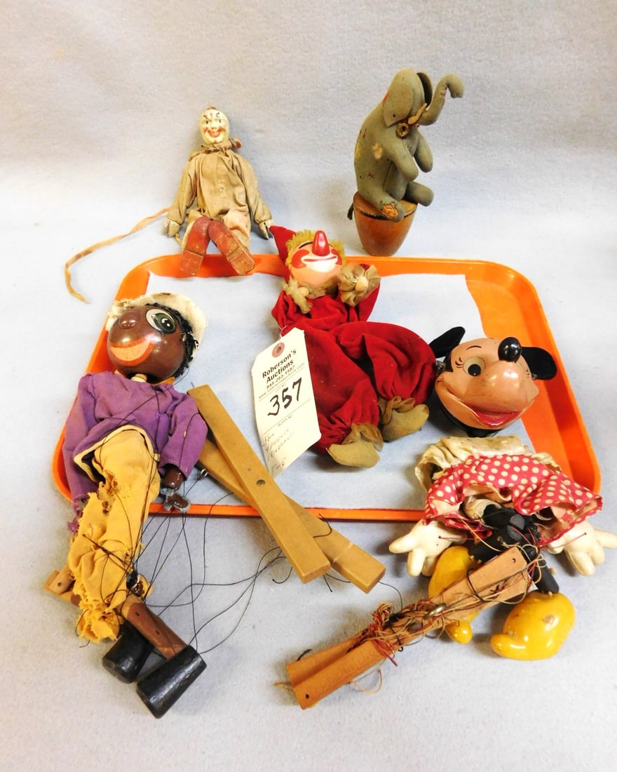 Lot of 5 Vintage Toys: Lot of 5 Vintage Toys incl. 2 Puppets, Felt Elephant, Clown Hand Puppet & Clothespin Doll in Gd. Cond. - Range in Sz. from 7 1/2 to 12"