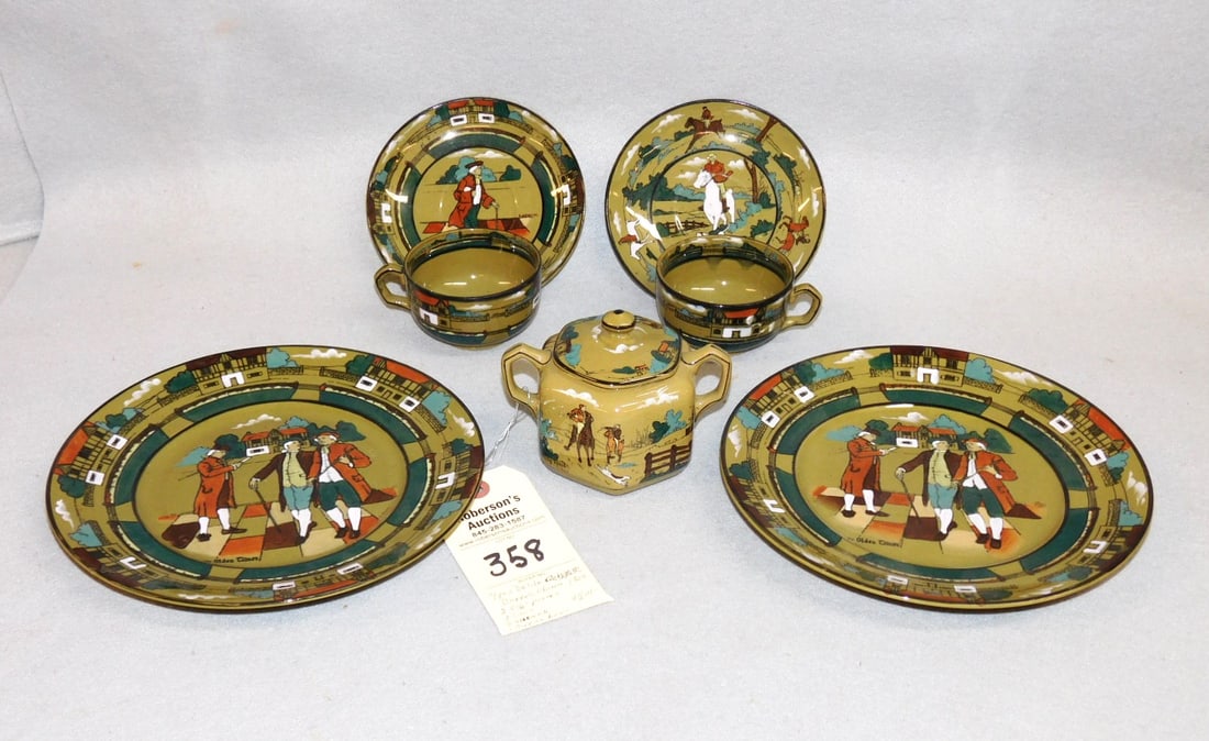 7 - Pcs. Buffalo Pottery: 7 - Pcs. Buffalo Pottery - Deldare Ware 1908 - 2 9 1/2" Plates, 2 Cups, 2 Saucers, Sugar Bowl in VG. Cond.