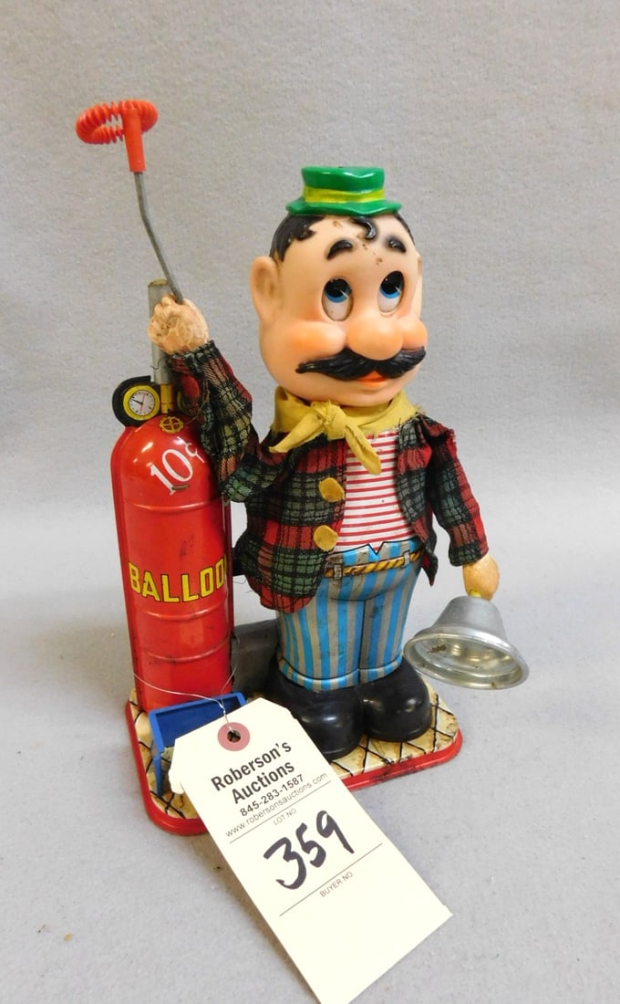 Vintage Battery Operated Toy Ballon Man: Vintage Battery Operated Toy Ballon Man - Rings Bell, Blows up Balloons in Gd. Working Cond. - 10x6 1/2x4 1/2"