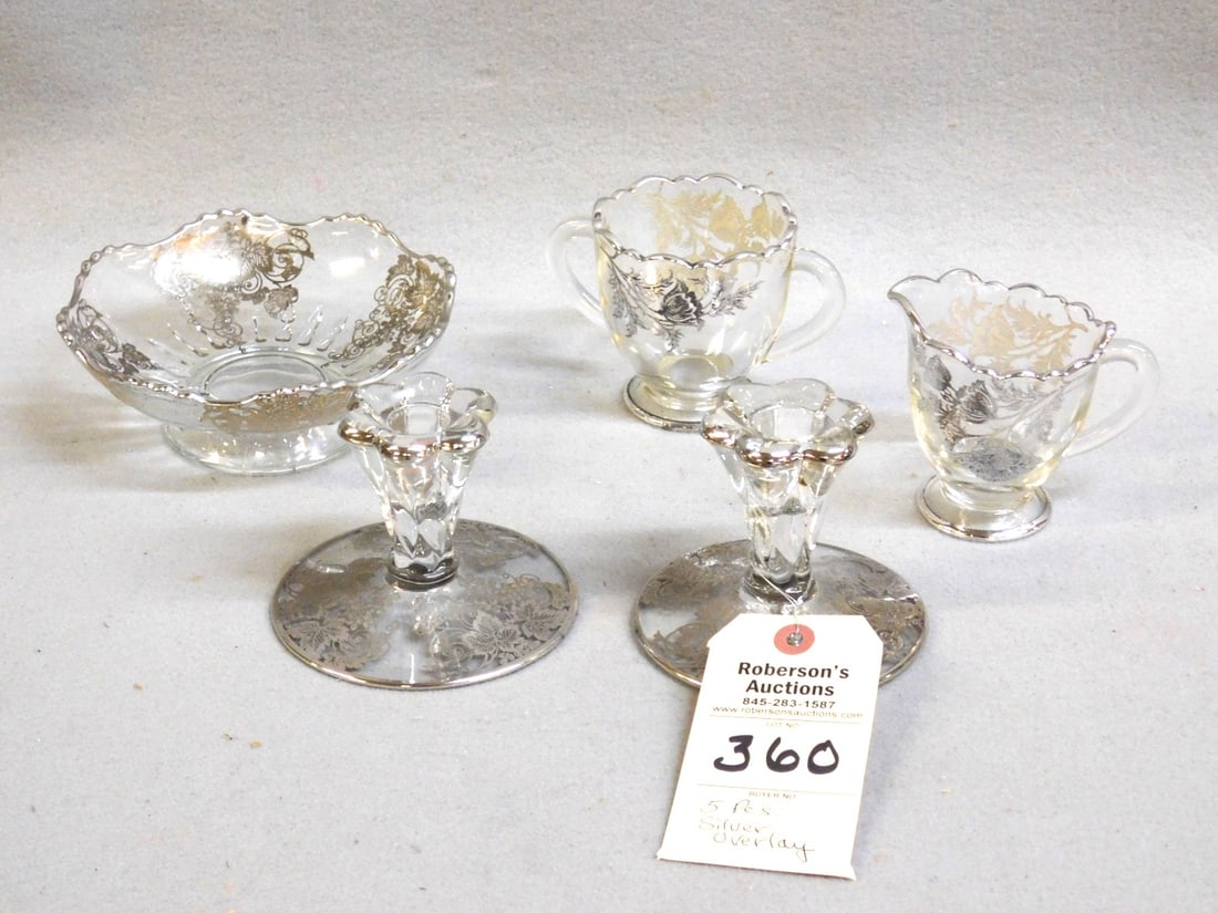 5 Pcs. Silver Overlay: 5 Pcs. Silver Overlay incl. Sugar/Creamer, Bowl & Pr. Candleholders in VG Cond. - Range from 2-3"H.